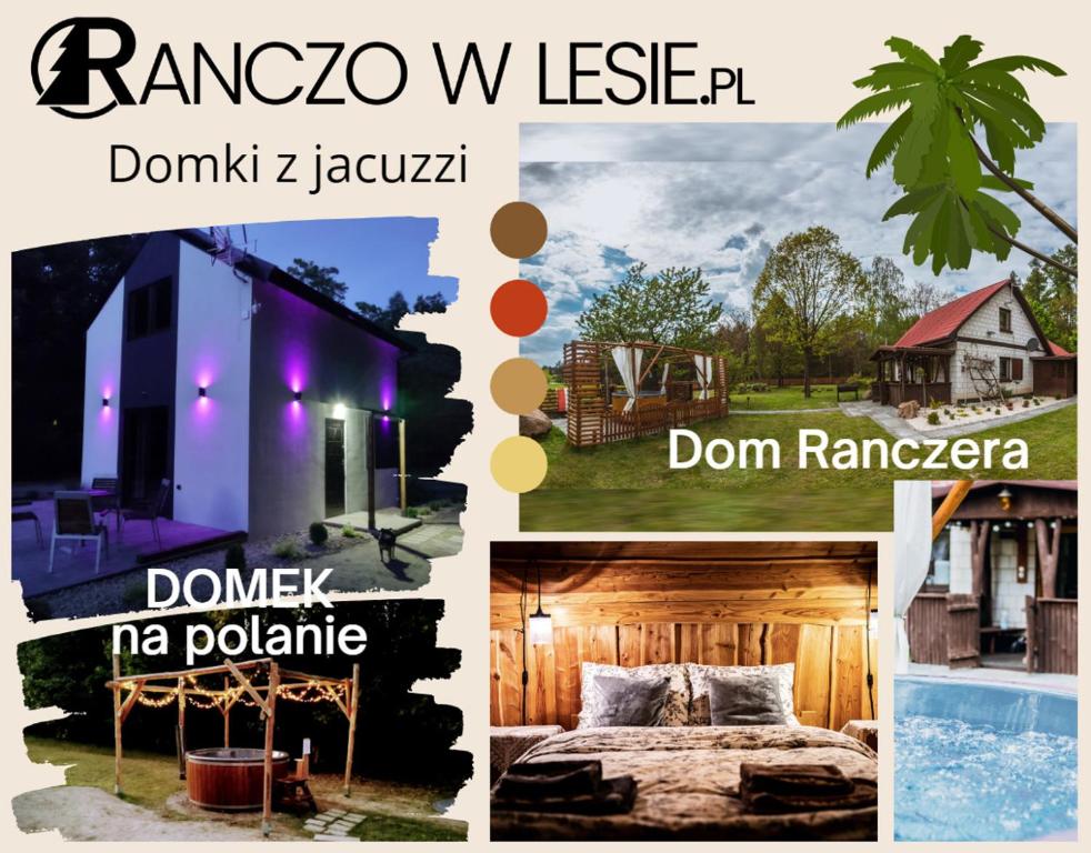 un collage de fotos con una cama y una casa en Ranczo w lesie - domki z jacuzzi en Ożarów