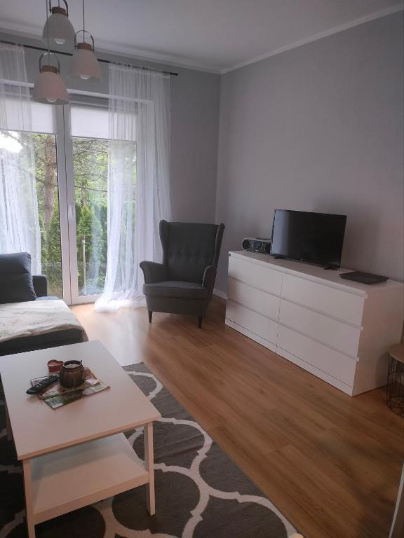 Televízia a/alebo spoločenská miestnosť v ubytovaní Domek Mordarka