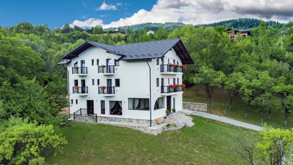 an aerial view of a white house with trees at Liniștea Codrului in Borşa