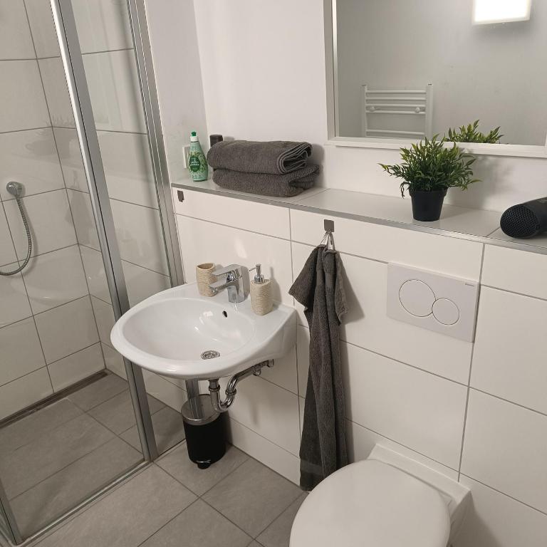 Koupelna v ubytování Apartments & möblierte Zimmer in Kahl am Main, kontaktloser Self Check-in, W-Lan, Schreibtisch, Duschbad, Küchenzeile, PKW-Plätze