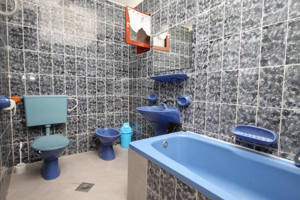 łazienka z 2 niebieskimi toaletami i wanną w obiekcie Apartments by the sea Vrsi - Mulo, Zadar - 5791 w mieście Vrsi
