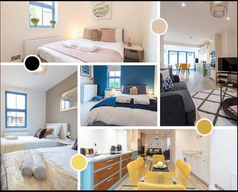 a collage of pictures of a bedroom and a living room at TempleTwenty5 by 360 Stays - Highly Rated Oxford Home with Parking in Oxford