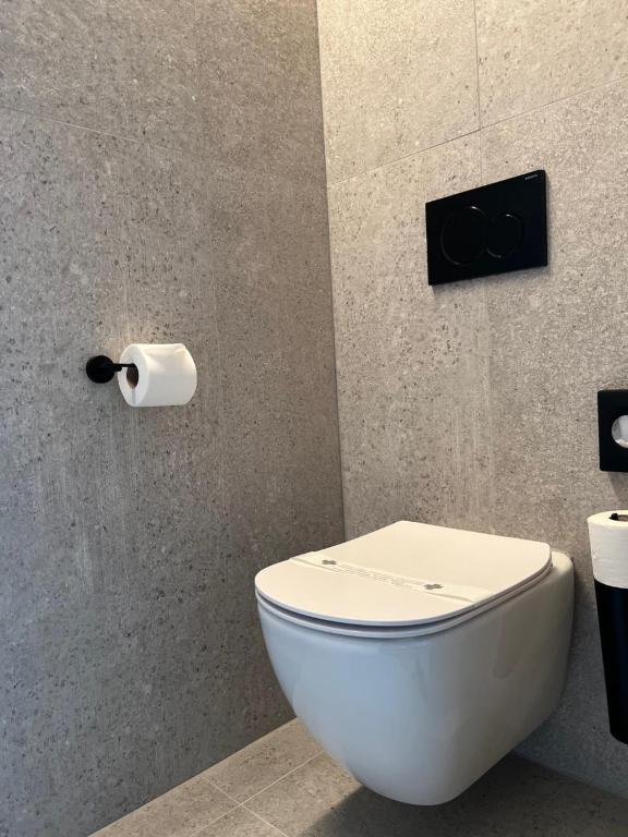 a white toilet in a bathroom with a roll of toilet paper at HasHotel in Hasselt