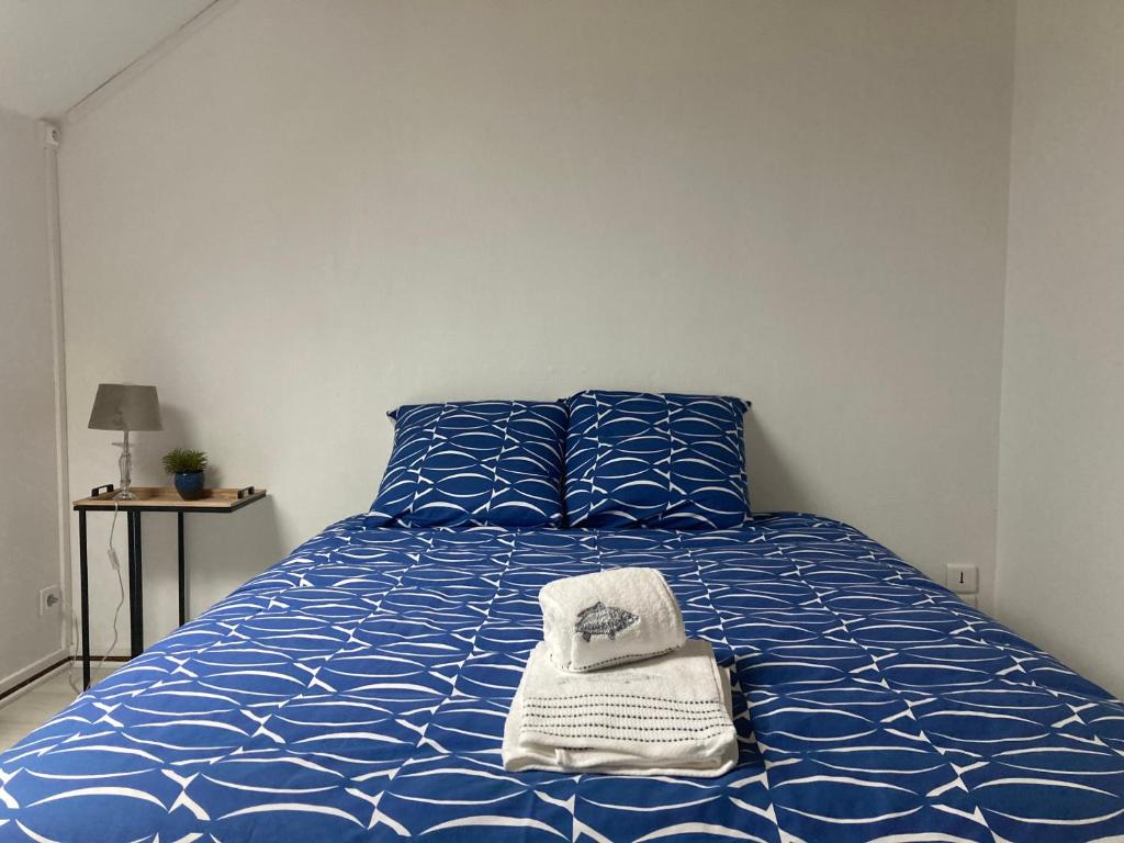 ein Schlafzimmer mit einem blauen Bett und Handtüchern darauf in der Unterkunft LE STUDIO COLBERT - plein centre à petit prix - in Rethel