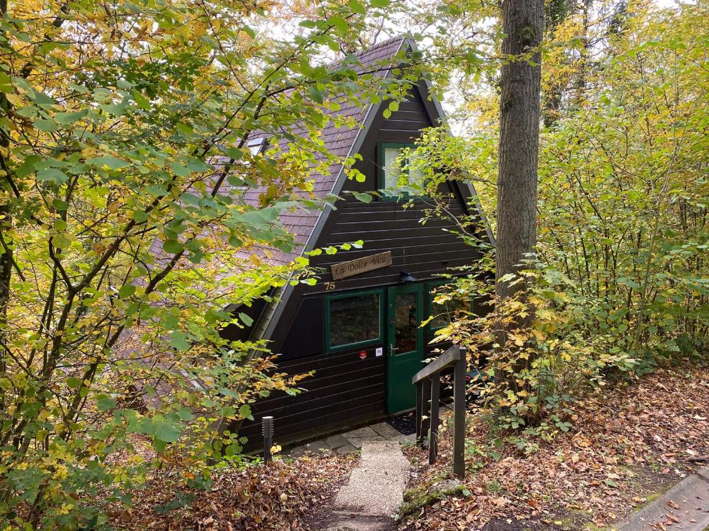 une cabine dans les bois avec une porte verte dans l'établissement La Dolce Vita, Chalet 75, Vakantiepark Sunclass Durbuy, à Durbuy