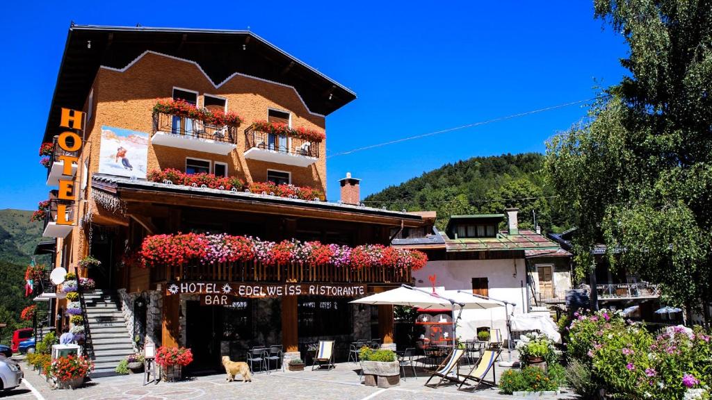a building with flower boxes on the side of it at Hotel Edelweiss in Limone Piemonte