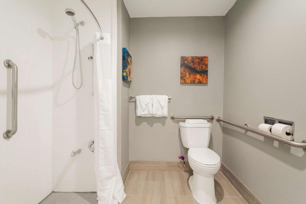 a bathroom with a white toilet and a shower at Best Western Plus Magnolia Inn & Suites in Cleveland