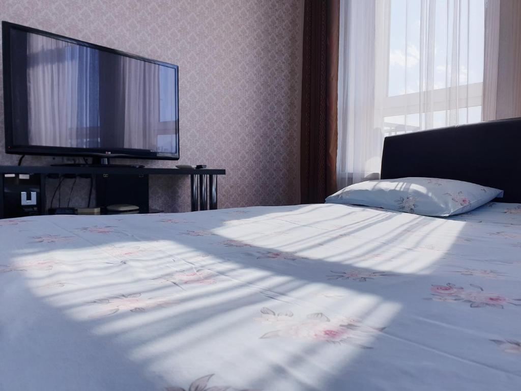 - une chambre avec un lit et une télévision à écran plat dans l'établissement Plaza Apartments, à Bishkek