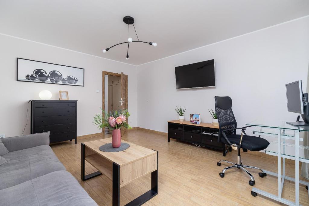 Televízia a/alebo spoločenská miestnosť v ubytovaní Pleasant Apartment with Terrace Cracow by Noclegi Renters