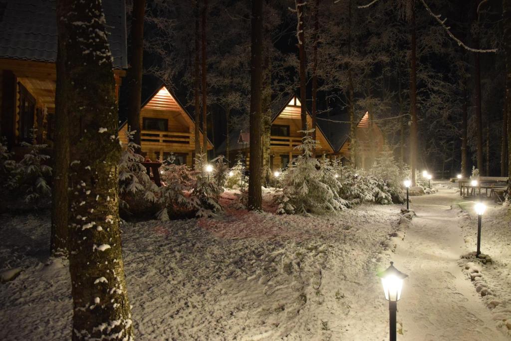 una cabaña de madera en la nieve por la noche en Korobok-Khutorok, en Korobitsyno