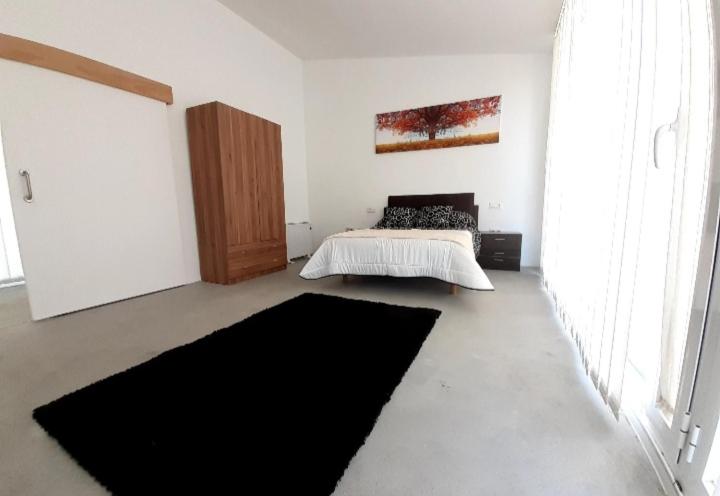 una camera con un letto e un tappeto nero di Melrouse Place House a Pontevedra