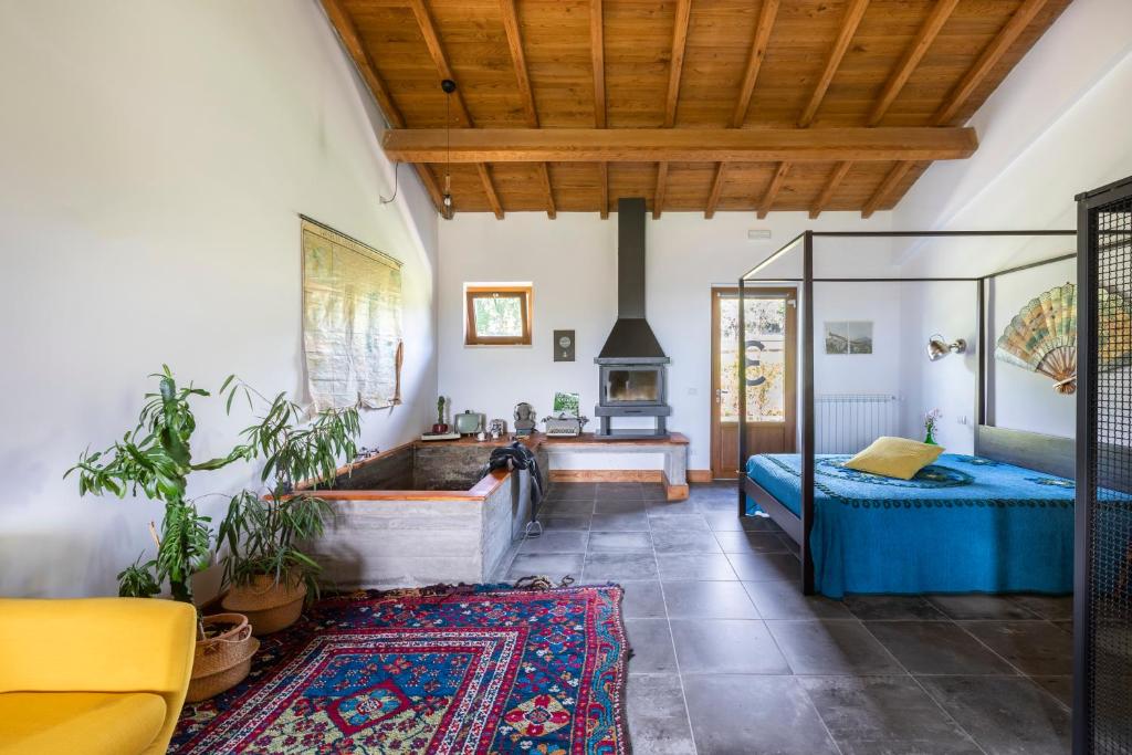 uma sala de estar com uma cama e uma lareira em Agriturismo Braciami em Viterbo