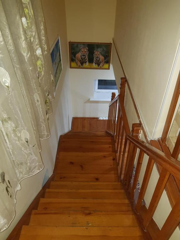 a staircase in a home with wooden floors and a window at Hostel 888 in Almaty