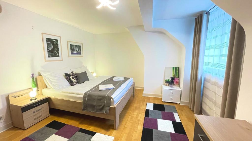 um quarto com uma cama e uma grande janela em Zentrales Apartment Pfänderblick em Bregenz