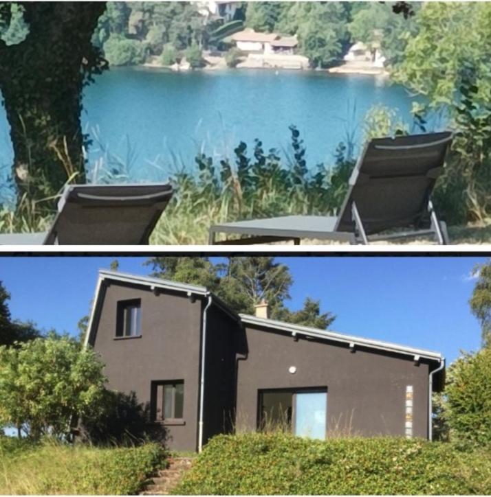deux photos d'une maison et d'un lac dans l'établissement Le chalet du Gour de Tazenat, à Charbonnières-les-Vieilles
