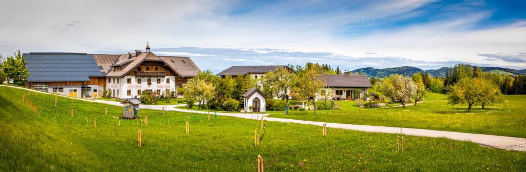 ein großes Haus auf einem grünen Feld mit einer Straße in der Unterkunft Vorderreithbauer in Hof bei Salzburg