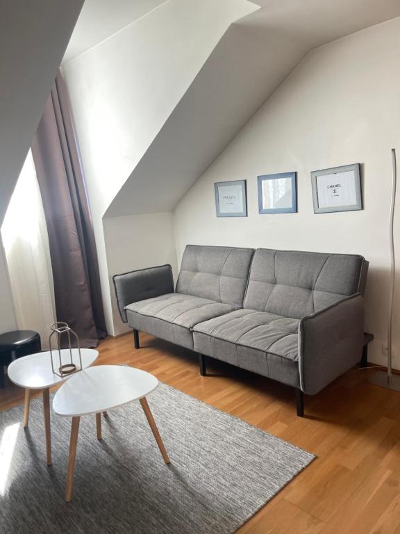 een woonkamer met een bank en een tafel bij Troisieme du nom in Nevers