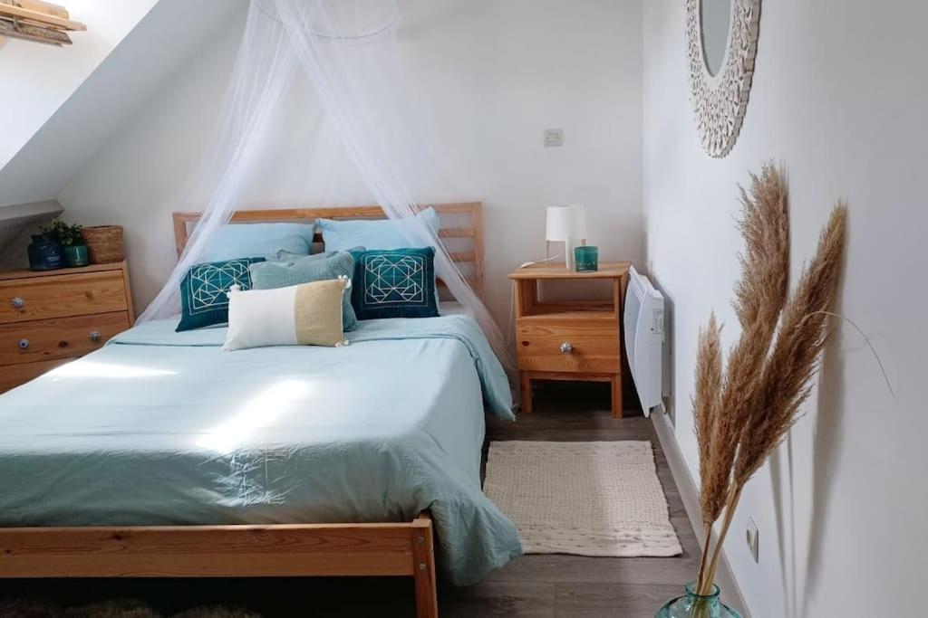 a bedroom with a bed with blue pillows at Agréable duplex Gare in Le Mans