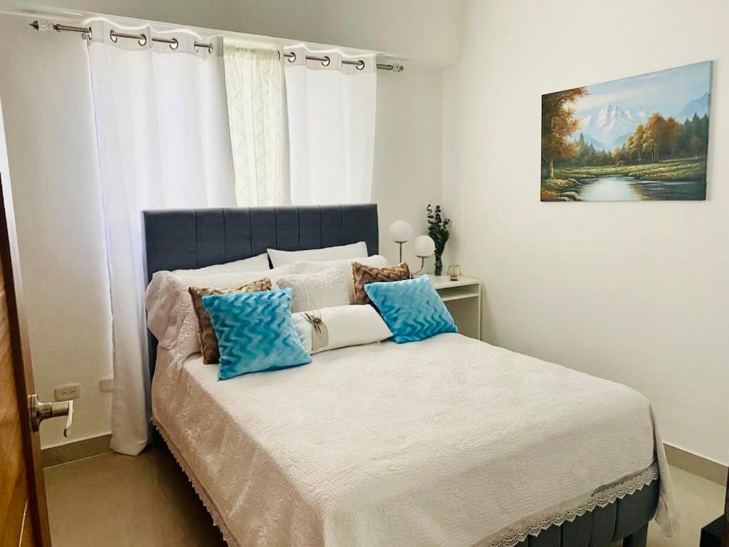 ein Schlafzimmer mit einem großen Bett mit blauen Kissen in der Unterkunft Super Luxurious L6 Sky Blue Apartment in Santo Domingo