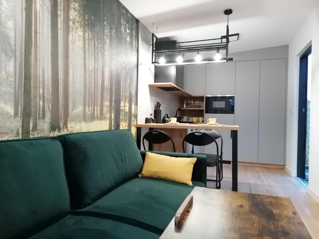 uma sala de estar com um sofá verde e uma cozinha em Domek Roztocze em AdamÃ³w