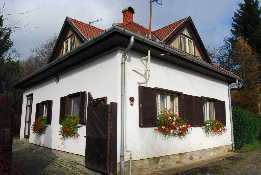 una casa blanca con flores en las ventanas en Boróka Apartmanházak - Fagyöngy House en Velem