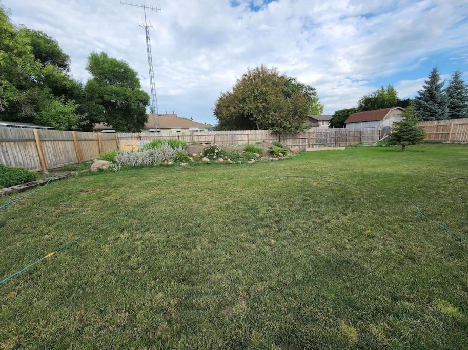 a backyard with a fence and a grass yard at Feel at home, Country style family house. in Magrath