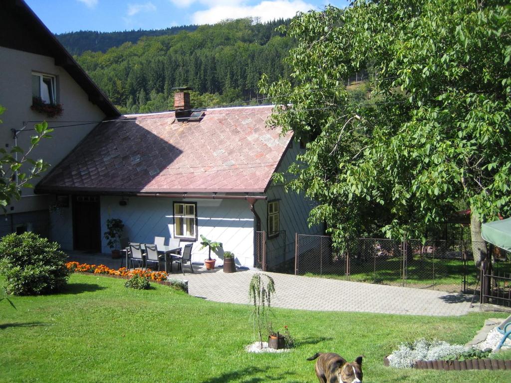 une maison avec un chien debout dans la cour dans l'établissement Chalupa Na Křemence, à Třinec