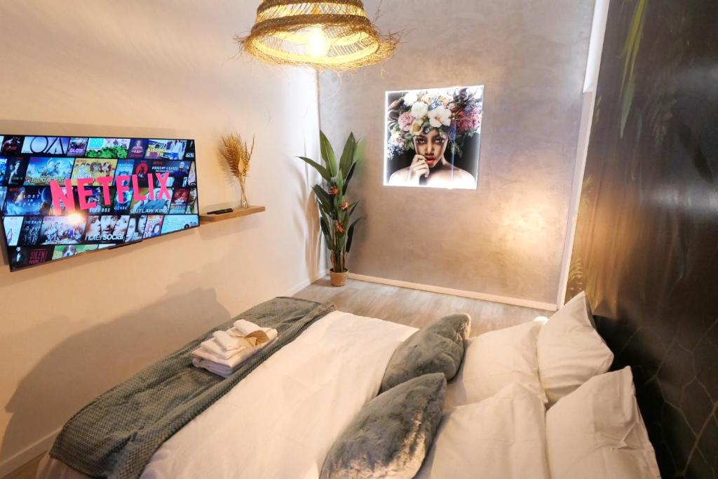 Habitación con cama con almohadas y TV. en Appartements Premium en Hyper Centre Ville, en Brignoles