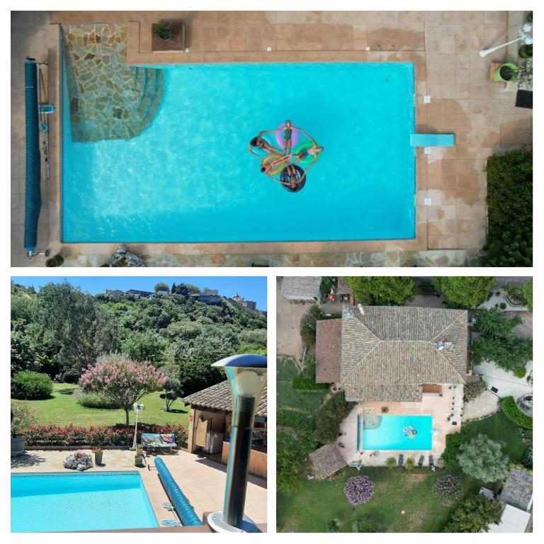 un collage de trois photos d'une piscine dans l'établissement Gîte 5 