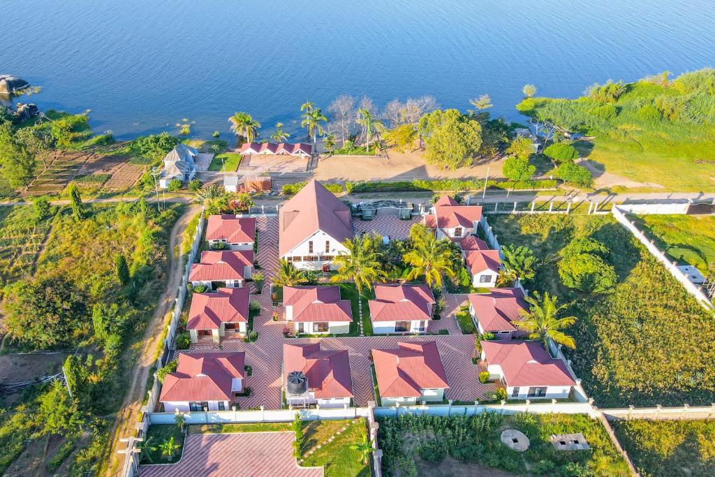 an aerial view of a house with red roof at Samanene Hotel in Mwanza