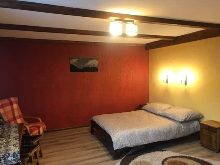 a bedroom with a bed and a red wall at Nad Strumieniem in Cisna
