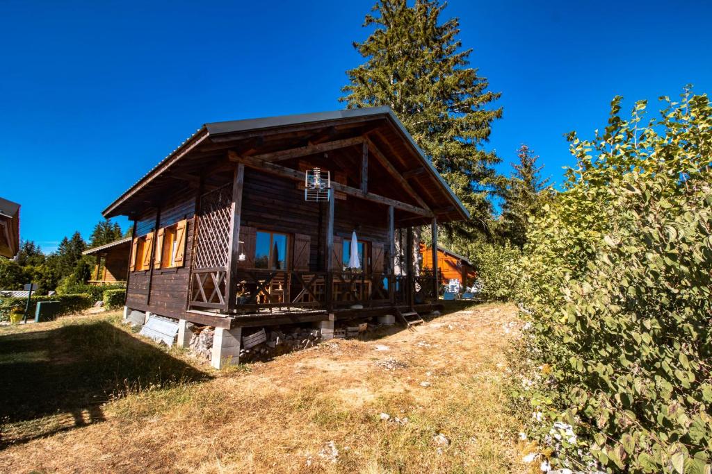 Saint-Laurent-en-GrandvauxにあるChalet du Bois Joliの木のある丘の上の小さな木造小屋