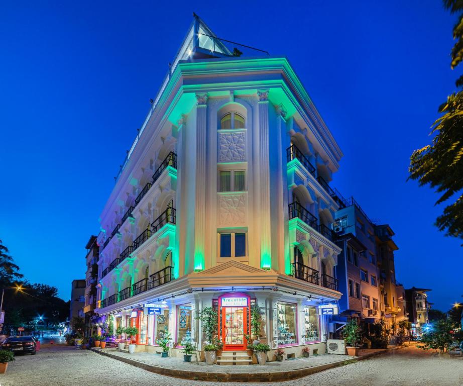 um edifício com luzes de Natal à noite em The Magnaura Palace Hotel em Istambul