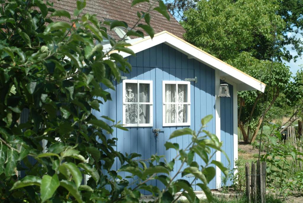 a blue shed with a window in a garden at Hütte Krötenhof, Radfahrer Übernachtung in Barförde