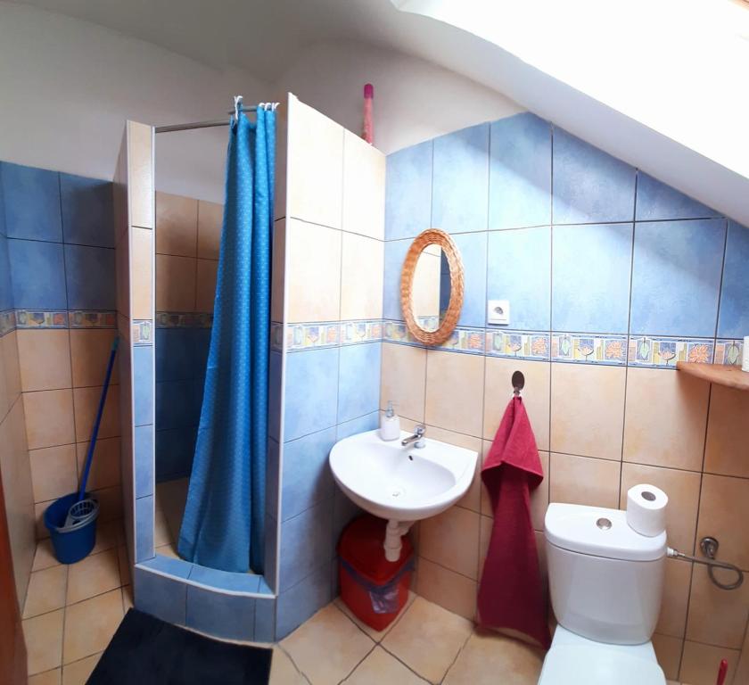 a bathroom with a sink and a toilet and a shower at Relax Mariánka in Betlanovce