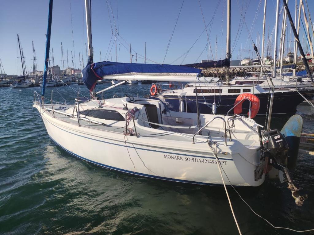 un barco blanco está atracado en el agua en VRS - Budget 21 ft Boatel parking, en Vila Nova de Gaia