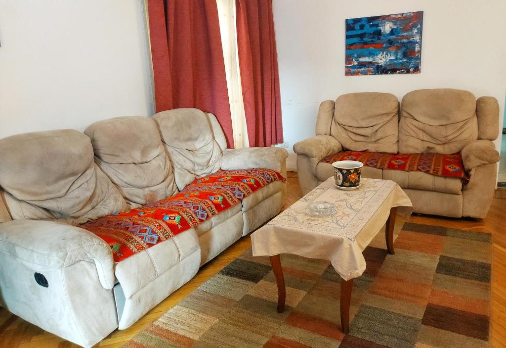 Jessy Charming apartment in Heliopolis في القاهرة: غرفة معيشة مع كنبتين وطاولة قهوة