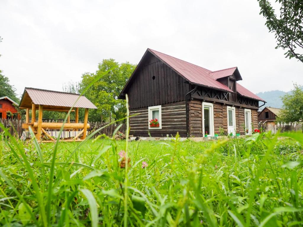 een houten huis met een rood dak in een grasveld bij Wild-Traditional Bucovina in Câmpulung Moldovenesc