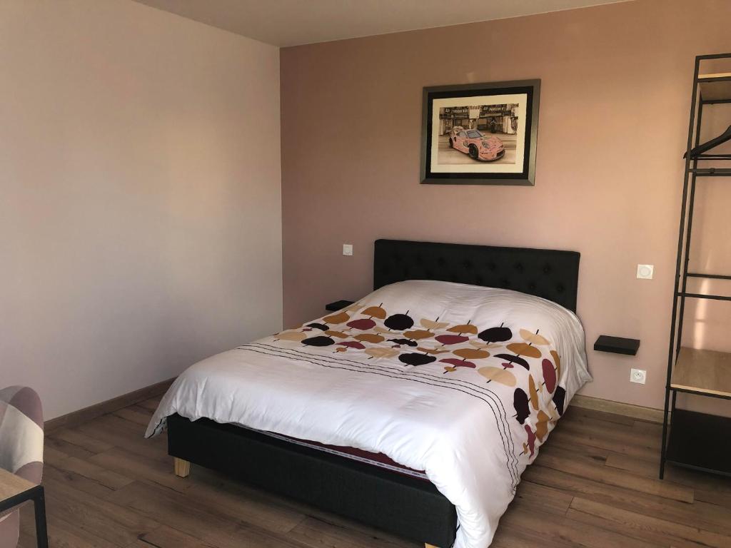 sypialnia z łóżkiem z kołdrą w obiekcie Chambre privative avec spa w mieście Louplande