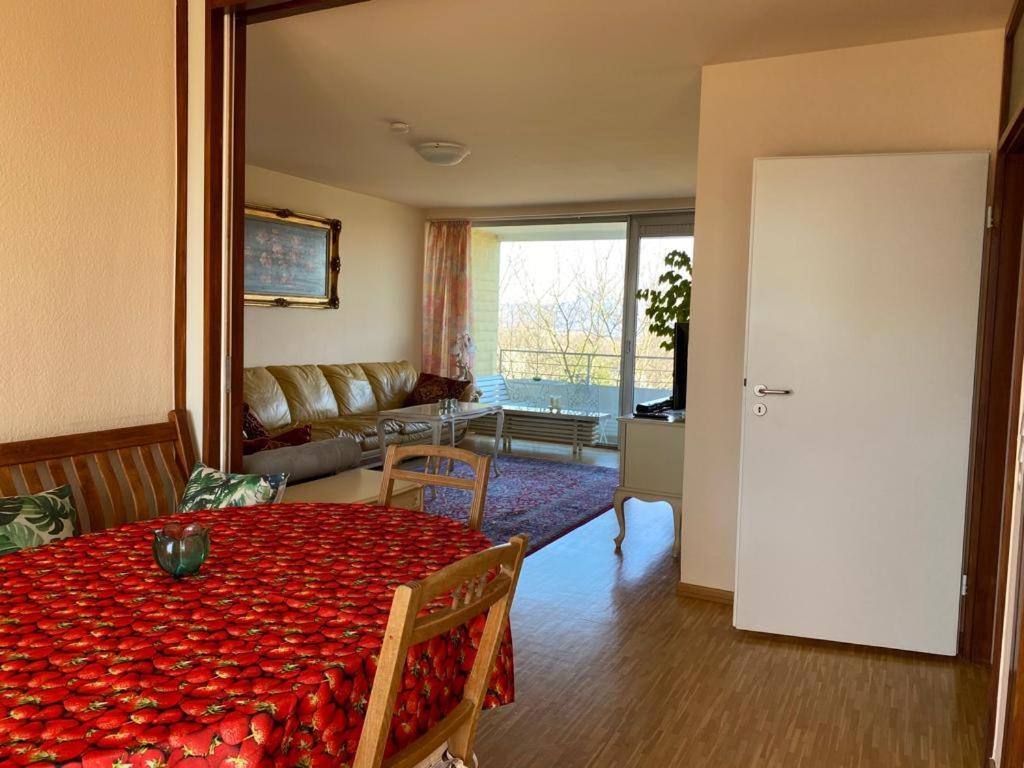 a living room with a table with a red blanket on it at Blick über Bonn ins Siebengebirge in Bonn