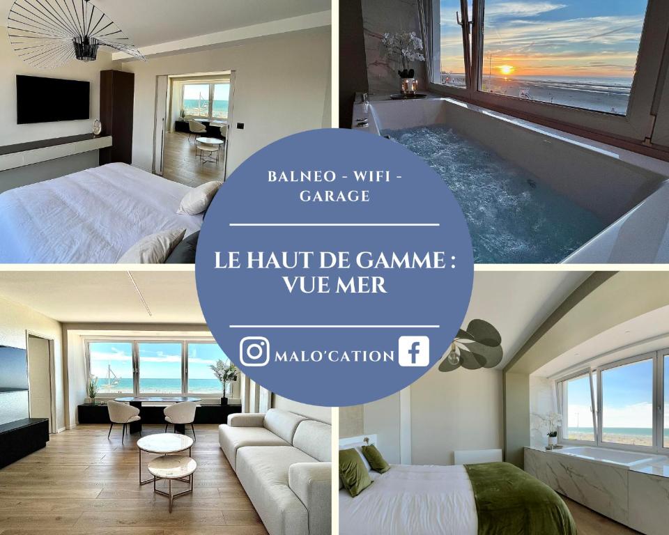 een collage van drie foto's van een slaapkamer en een woonkamer bij Le Haut de Gamme Vue mer - Malo cation in Duinkerke