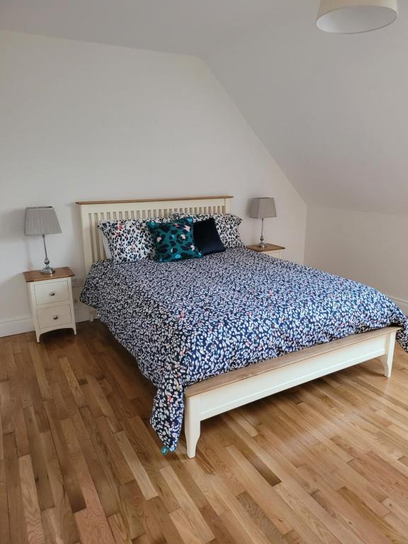 1 dormitorio con 1 cama y 2 mesitas de noche con lámparas en Waterdale Lodge, en Galway