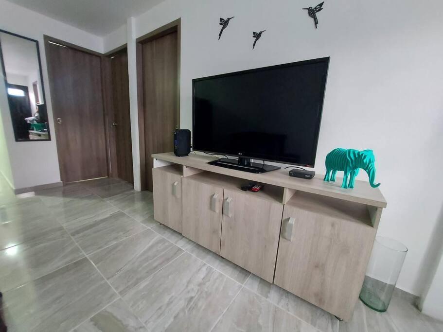 a living room with a television and a zebra statue at Acogedor apartamento La Nubia in Manizales