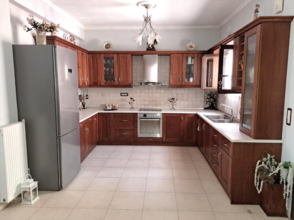 una cucina con armadi in legno e frigorifero in acciaio inossidabile di Corfu Maisonette House ad Alepoú