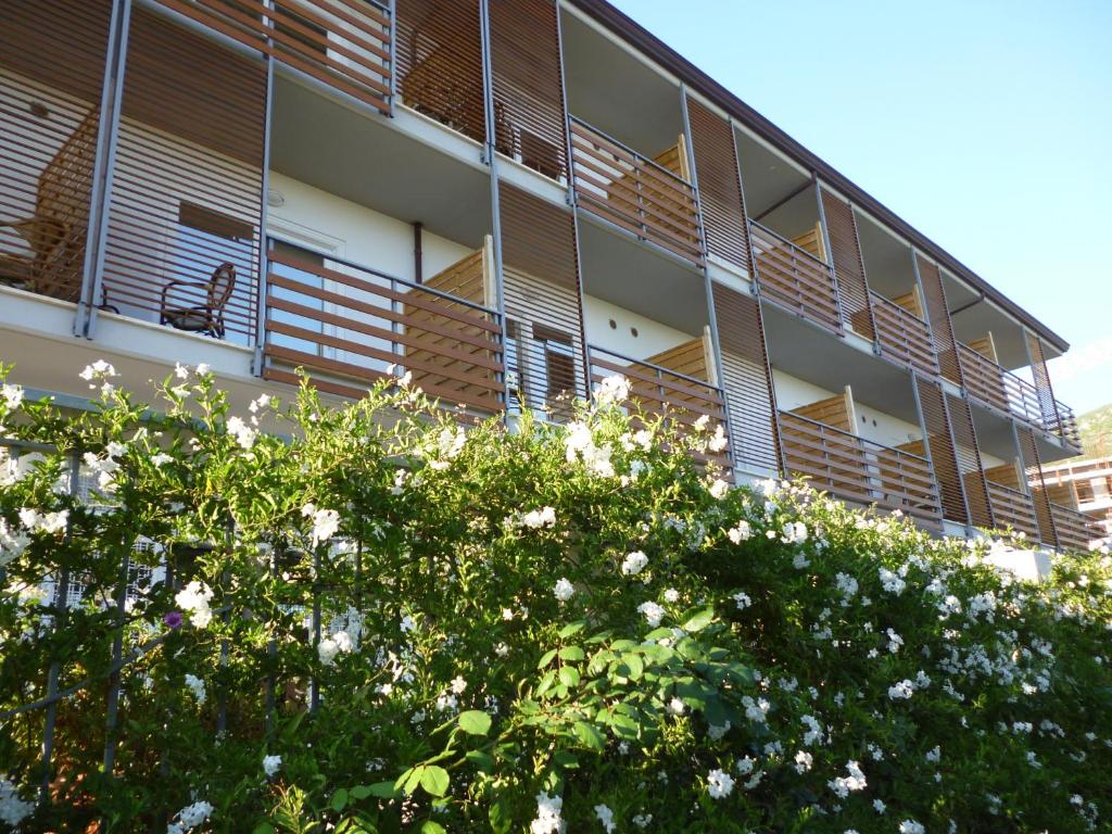 an apartment building with balconies and a tree at Elaia Garden Hotel in Sperlonga
