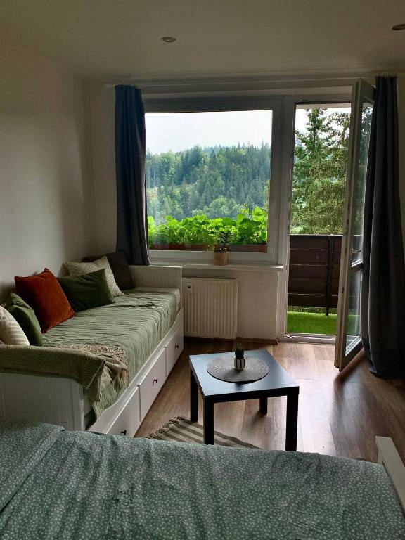a living room with a couch and a large window at Apartmánek Protěž in Janske Lazne