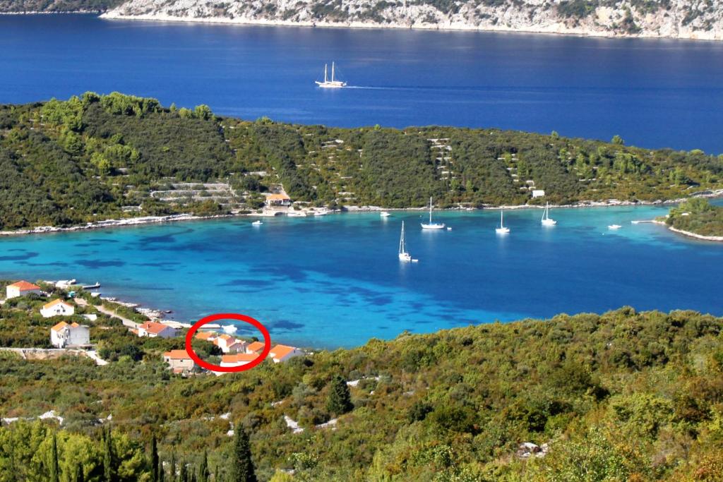 an island with a red circle in the water at Apartments by the sea Kneza, Korcula - 9168 in Račišće