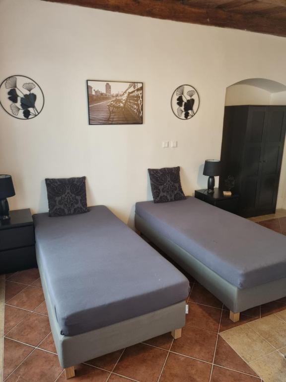two beds sitting next to each other in a room at Apartmány Vila Lucia 1 in Pilsen