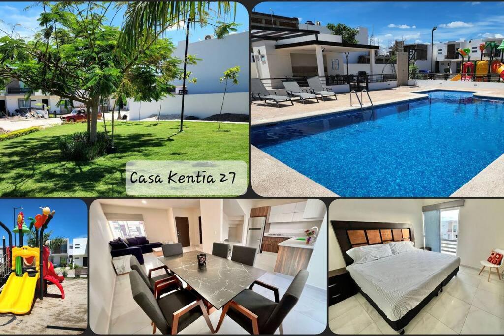 un collage de photos d'une piscine et d'une maison dans l'établissement Kentia 27, Residencial privado, accesible y cómodo, à Culiacán