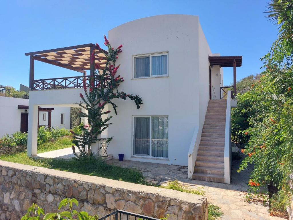 a white house with a stone wall at İBAK Apartments in Gumusluk